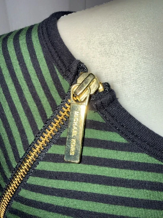 Michael Kors Navy and Green Striped Long-Sleeve Top with Gold Zippers-Size Large - Picture 2 of 9